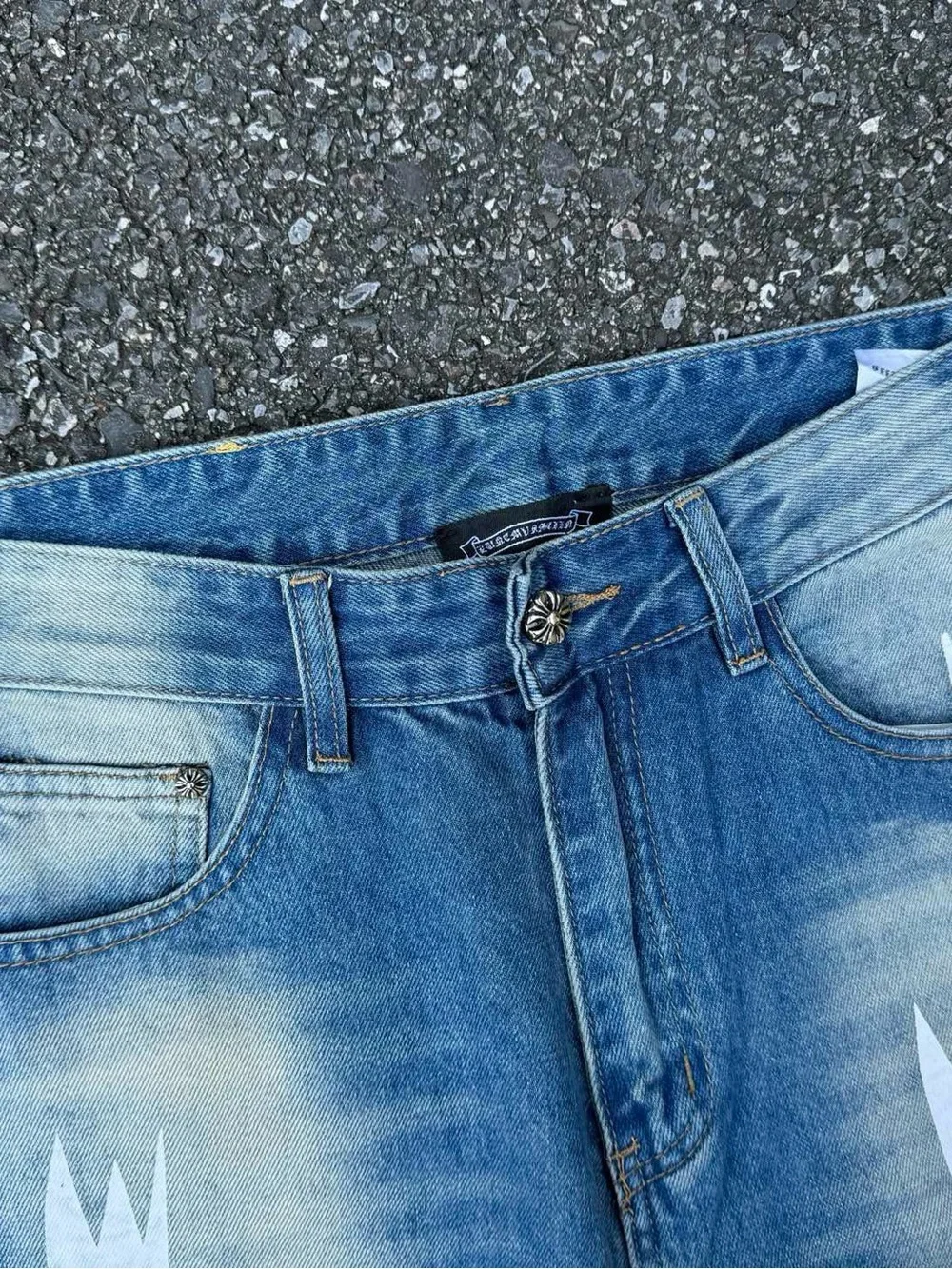 Chrome Hearts Blue Distressed Straight Jeans with Paint Accents